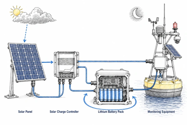 Energy flow between solar panels, charge controller, lithium battery, and ocean monitoring equipment