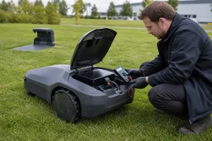 Custom lithium battery pack integrated into an autonomous lawn mower during outdoor testing