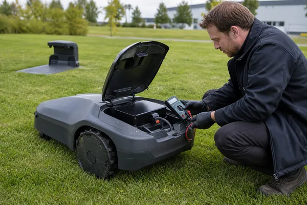 Custom lithium battery pack integrated into an autonomous lawn mower during outdoor testing