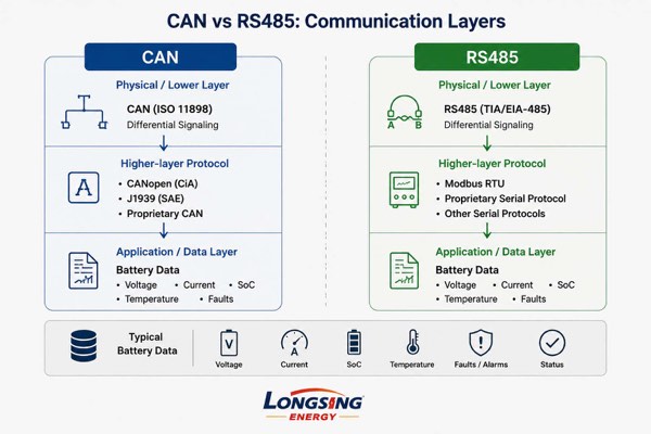 Diagram comparing CAN and RS485 physical layers, higher-layer protocols and battery data.