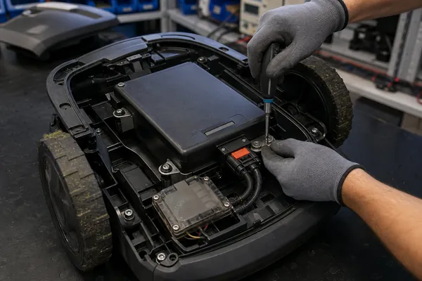 Custom lithium battery pack installed inside an autonomous robotic lawn mower