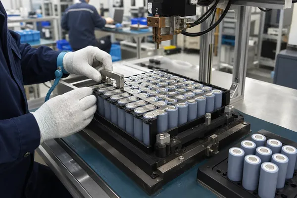 21700 lithium-ion cells being assembled into a custom battery pack using industrial production fixtures