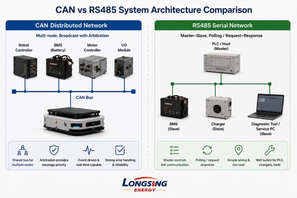 Comparison of CAN distributed and RS485 serial network architectures for an AGV battery system.