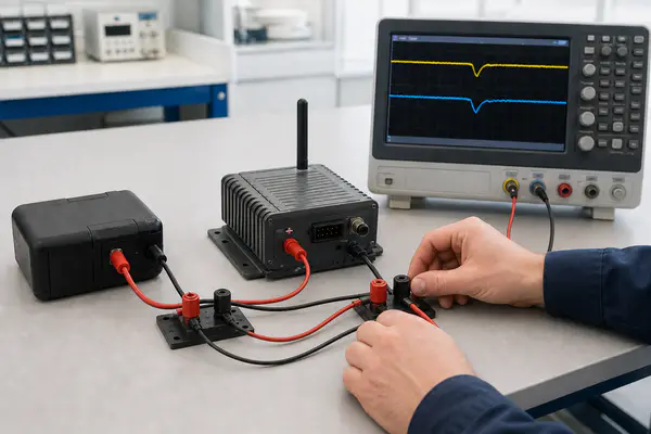 Oscilloscope test setup for diagnosing IoT battery voltage drop