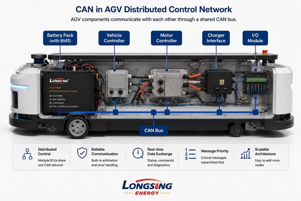 AGV CAN network connecting the battery BMS, vehicle controller, motor controller and charger interface.