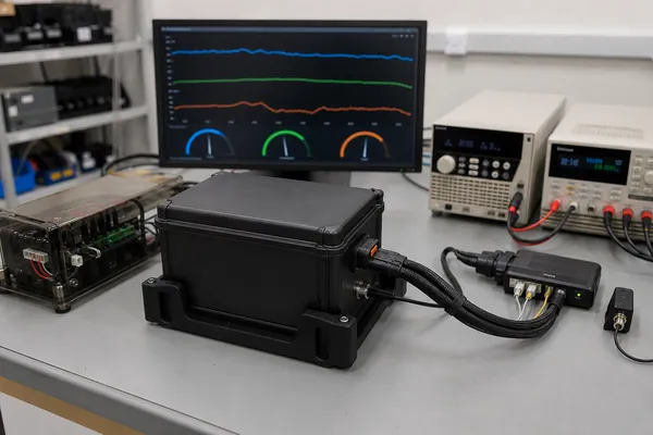 Lithium battery pack connected to Smart BMS monitoring and laboratory testing equipment