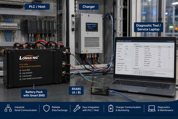 RS485 smart BMS connected to a PLC, charger and diagnostic laptop.