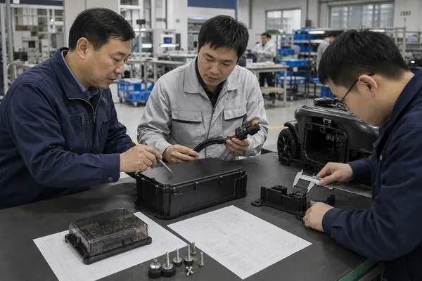 Battery engineers reviewing an OEM custom lithium battery pack for robotic outdoor equipment
