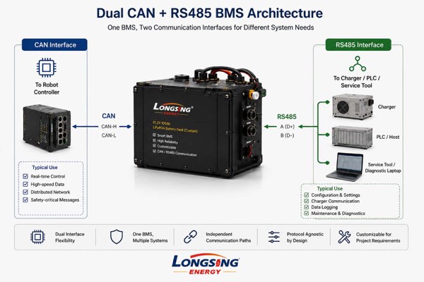 Dual CAN and RS485 BMS architecture connecting a robot controller, charger, PLC and service tool.
