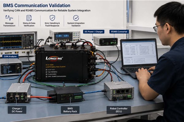 Engineer validating CAN and RS485 communication between a battery BMS, robot controller and charger.