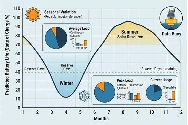 predicted battery life between state of charge and months from buoy monitoring system