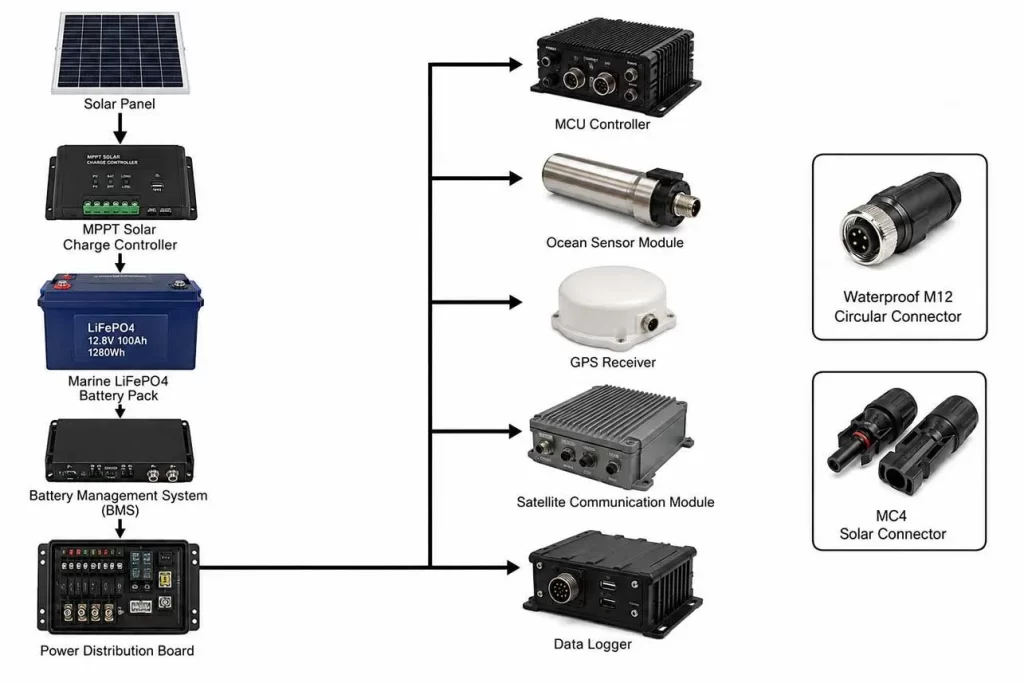 connection between solar powered buoy battery system under different connectors