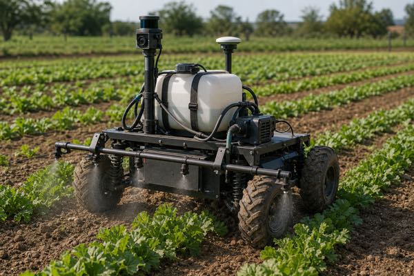 Agricultural spraying robot operating under variable field battery loads