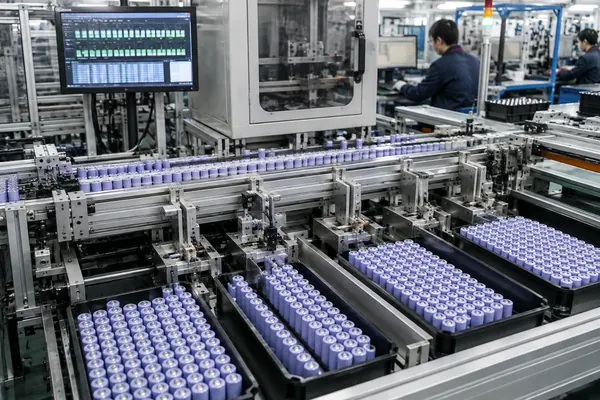 Automated lithium-ion cell sorting station grouping tested cylindrical cells before battery pack production