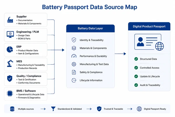 Industrial battery linked to engineering model, batch, serial number, test records and Digital Product Passport identifier.