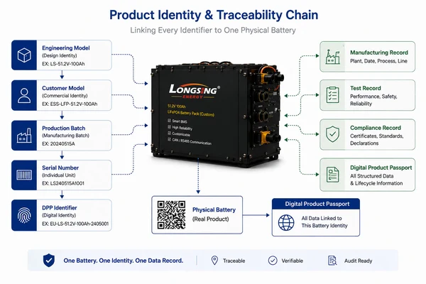 Industrial battery linked to engineering model, batch, serial number, test records and Digital Product Passport identifier.
