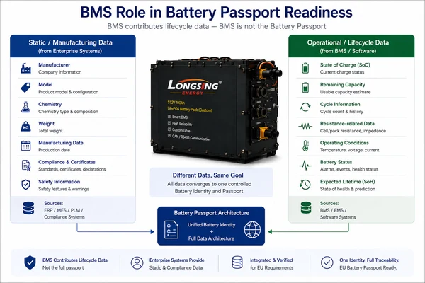 Industrial battery showing static manufacturing data and BMS lifecycle data feeding into Battery Passport architecture.
