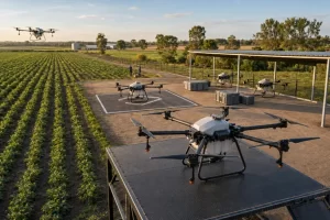 Commercial agricultural UAV fleet operating beside crop fields