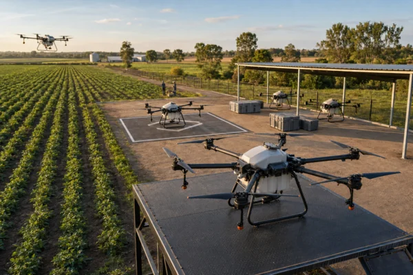 Commercial agricultural UAV fleet operating beside crop fields