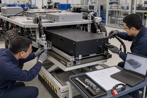 Custom agricultural robot battery pack integrated into farming robot chassis