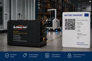 Industrial LiFePO4 battery pack with a digital Battery Passport and QR code in an automated warehouse.