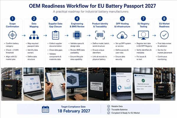 Eight-step EU Battery Passport readiness workflow for industrial battery OEMs before 18 February 2027.
