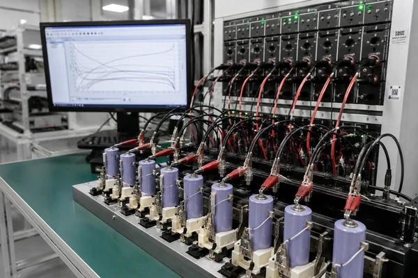 Lithium-ion cylindrical cells connected to a battery cycler for capacity testing and grading