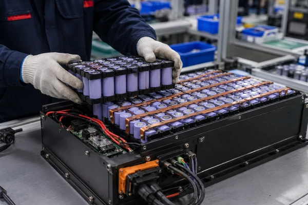 Matched 21700 lithium-ion cell groups being assembled into a custom industrial battery pack