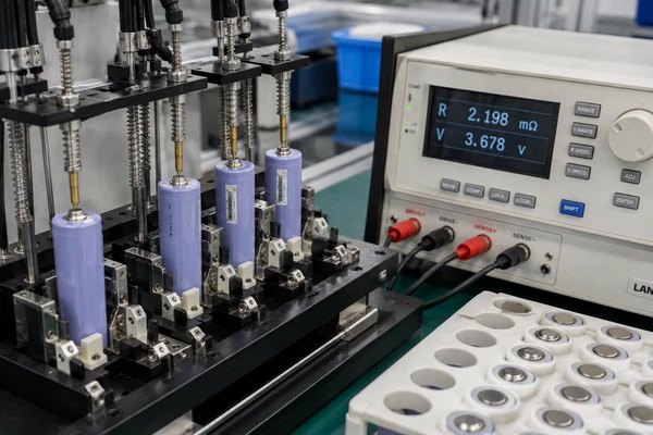 21700 lithium-ion cells undergoing OCV and AC internal resistance screening with precision test equipment