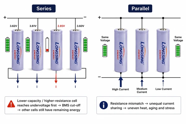Series and parallel lithium battery cell mismatch showing voltage imbalance and unequal current sharing