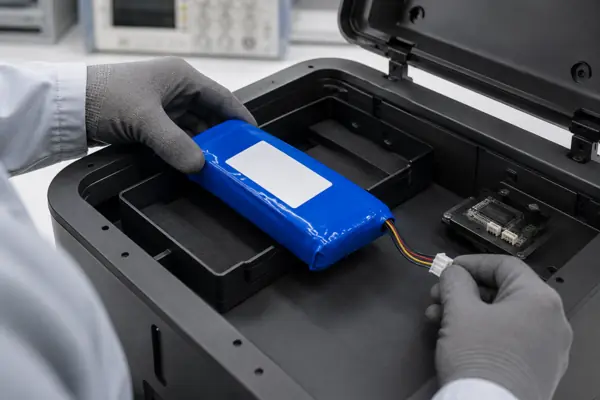 Technician installing a sealed battery pack in a smart waste bin monitoring system