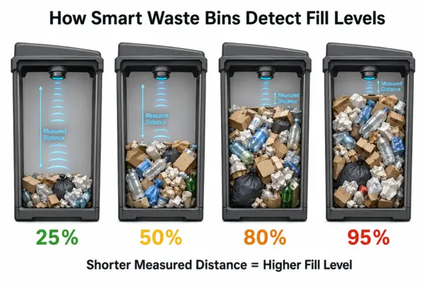 Smart waste bin fill-level sensor detecting waste at 25%, 50%, 80% and 95%