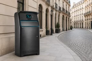 Smart waste bin with a fill-level sensor on a European street