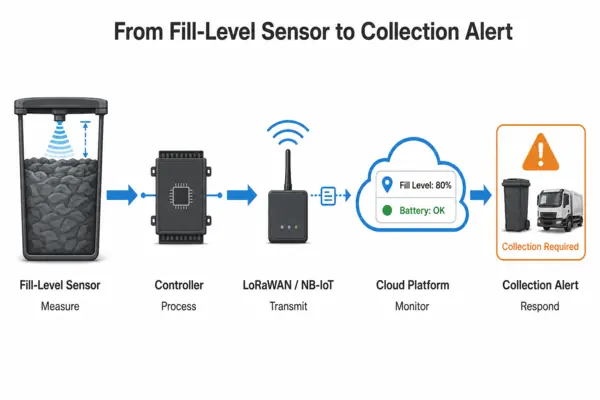 Smart waste bin IoT data flow from fill-level sensor to cloud platform and collection alert