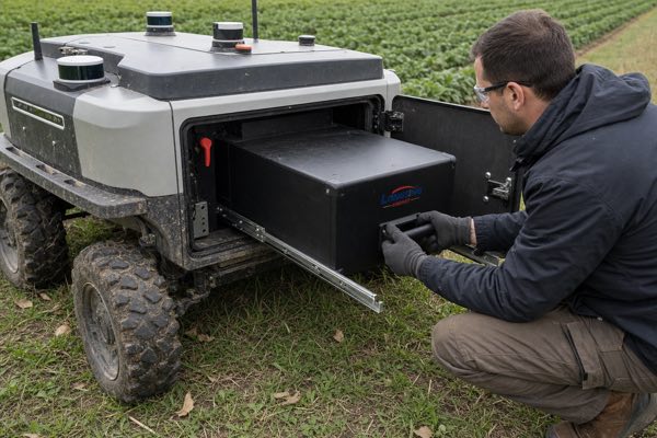 Swappable agricultural robot battery pack for field operation and quick replacement