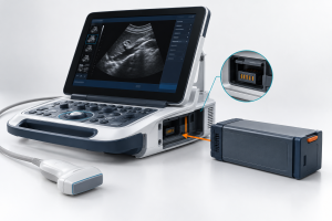 Portable ultrasound battery pack integrated with a compact medical imaging device