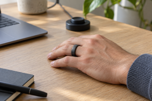 Unbranded smart ring worn on a hand beside a charging dock in natural light