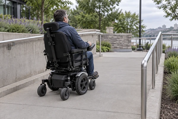 Electric wheelchair traveling on an accessible ramp to illustrate real-world energy consumption