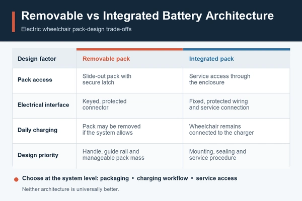 Comparison of removable and integrated electric wheelchair battery architectures