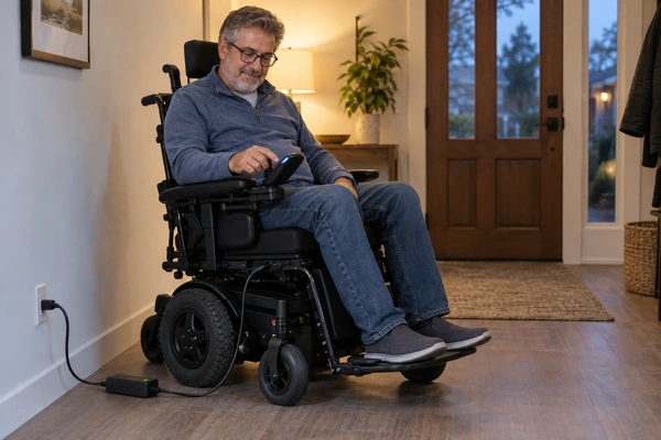 Electric wheelchair connected to a compatible charger during a daily charging routine