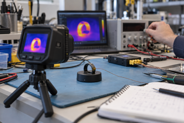 Smart ring charging setup with an external thermocouple and infrared thermal camera