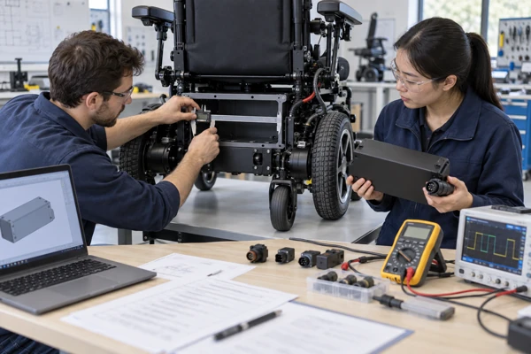 Engineers evaluating dimensions and interfaces for a custom electric wheelchair battery pack