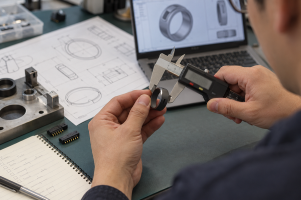 Engineer measuring a generic smart ring enclosure with a digital caliper