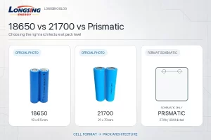 Official LONGSING 18650 and 21700 cells compared with a clearly labelled prismatic format schematic for custom battery pack architecture selection