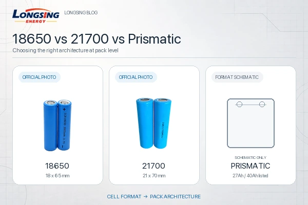 Official LONGSING 18650 and 21700 cells compared with a clearly labelled prismatic format schematic for custom battery pack architecture selection