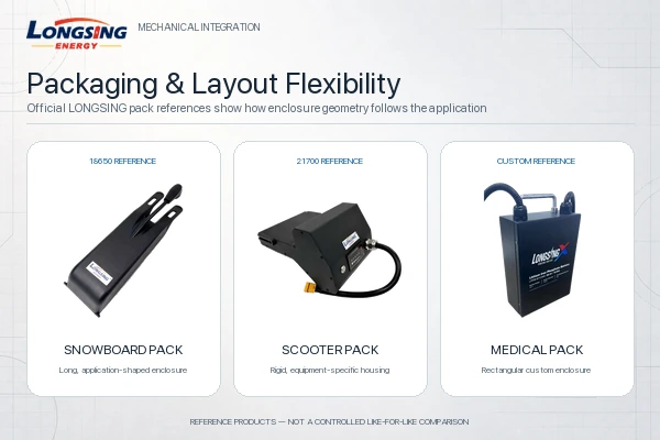 Official LONGSING snowboard, scooter and medical battery packs illustrating application-specific enclosure geometry