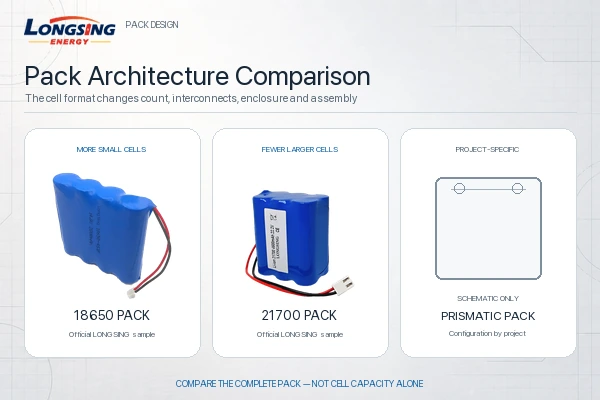 Official LONGSING 18650 and 21700 battery pack samples compared with a project-specific prismatic pack schematic