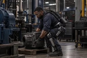 Powered exoskeleton drawing peak battery power during an industrial lifting event