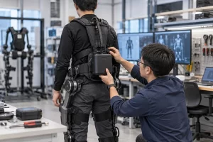 Engineer evaluating battery placement on a powered wearable exoskeleton