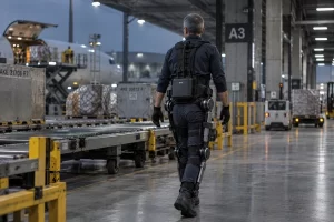 Waist-mounted exoskeleton battery illustrating wearable battery mass and placement